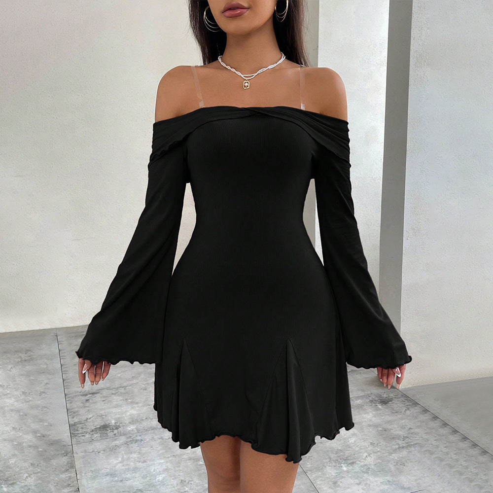 Damen Minikleid Schulterfrei Volantärmel Elegant Schwarz - Norvielle