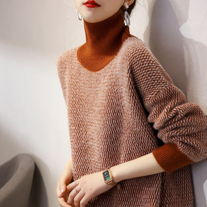 Damen Grobstrickpullover Hochkragen Modernes Muster Beige - Norvielle