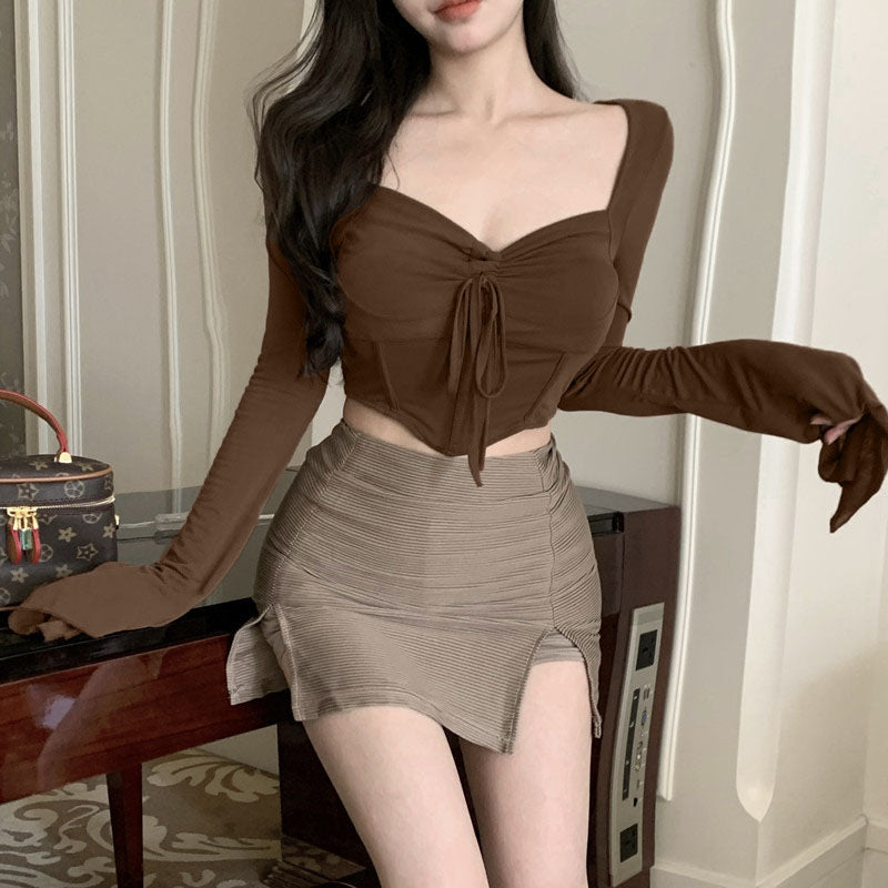 Damen Langarmshirt Cropped mit Schnürung Lässig - Norvielle