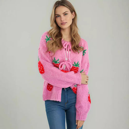 Damen Strickpullover Erdbeermotiv Ballonärmel Rosa - Norvielle