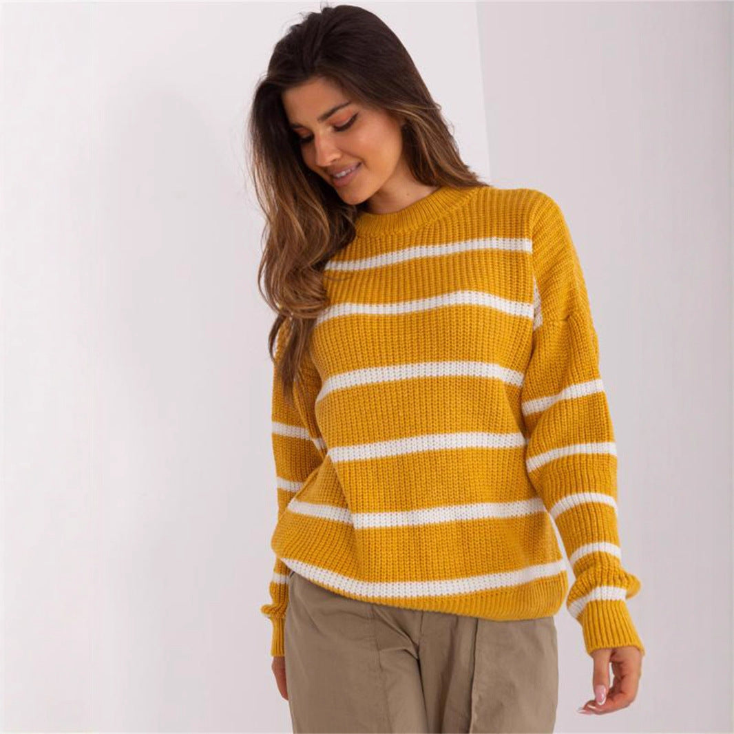 Damen Grobstrickpullover Rundhalsausschnitt Lässiges Streifenmuster