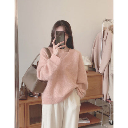 Damen Mohair Pullover Flauschig V-Ausschnitt Beige
