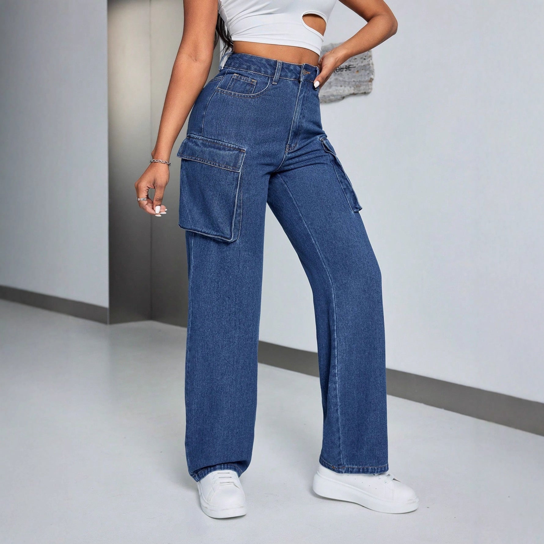 Damen Cargo-Jeans Hochbund Seitentaschen Norvielle - Norvielle