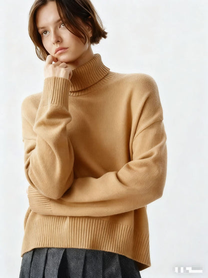 Damen Rollkragenpullover Oversized Rippstruktur Beige