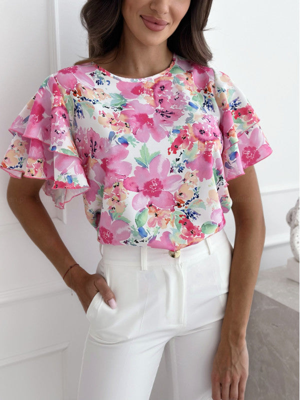 Damen Bluse Voluminöse Rüschenärmel Florales Design Norvielle