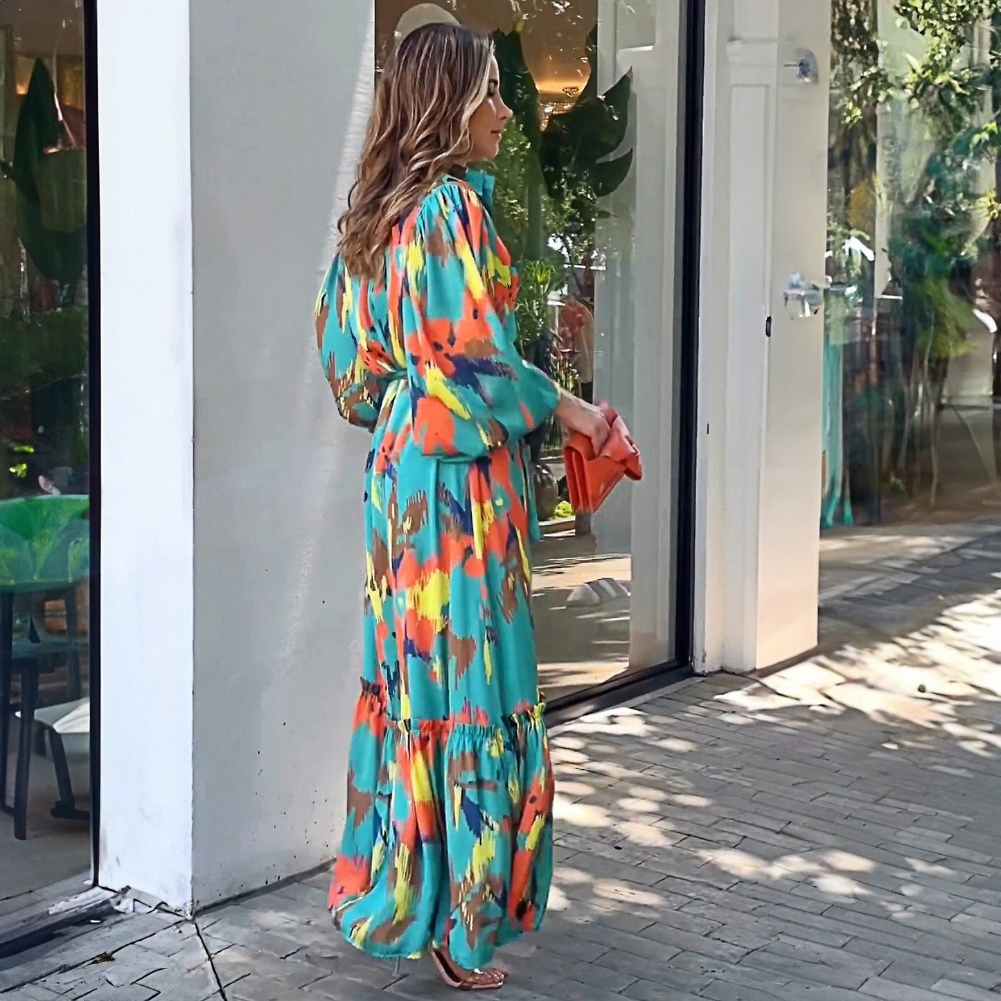 Norvielle Damen Maxikleid Farbenfroh Voluminöse Ärmel