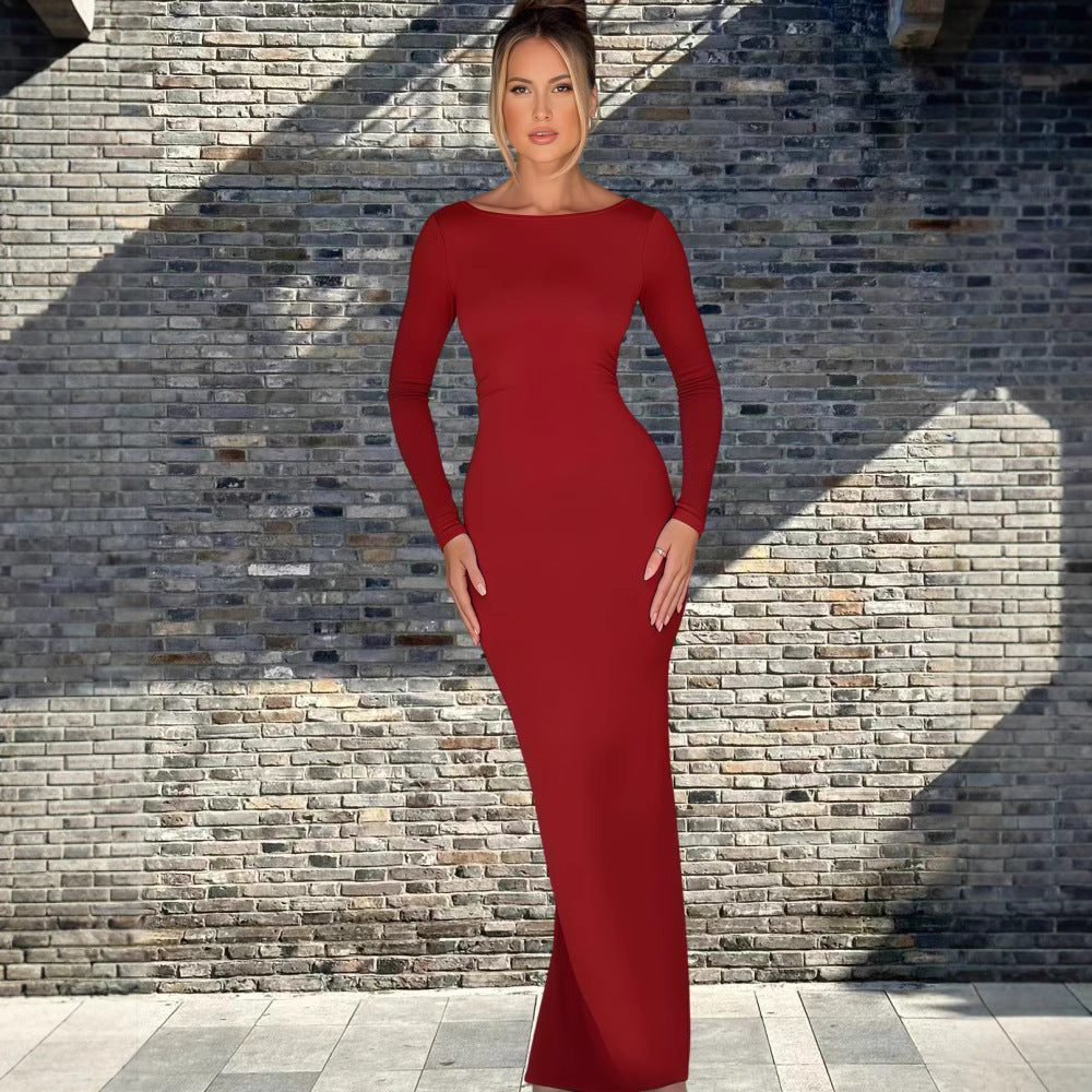 Damen Maxikleid Langarm Elegantes V-Ausschnitt