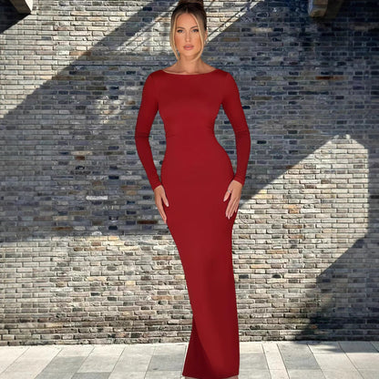 Damen Maxikleid Langarm Elegantes V-Ausschnitt