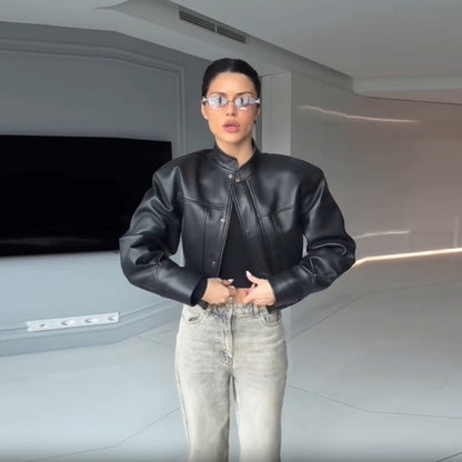 Damen Kunstlederjacke Stehkragen Strukturiert