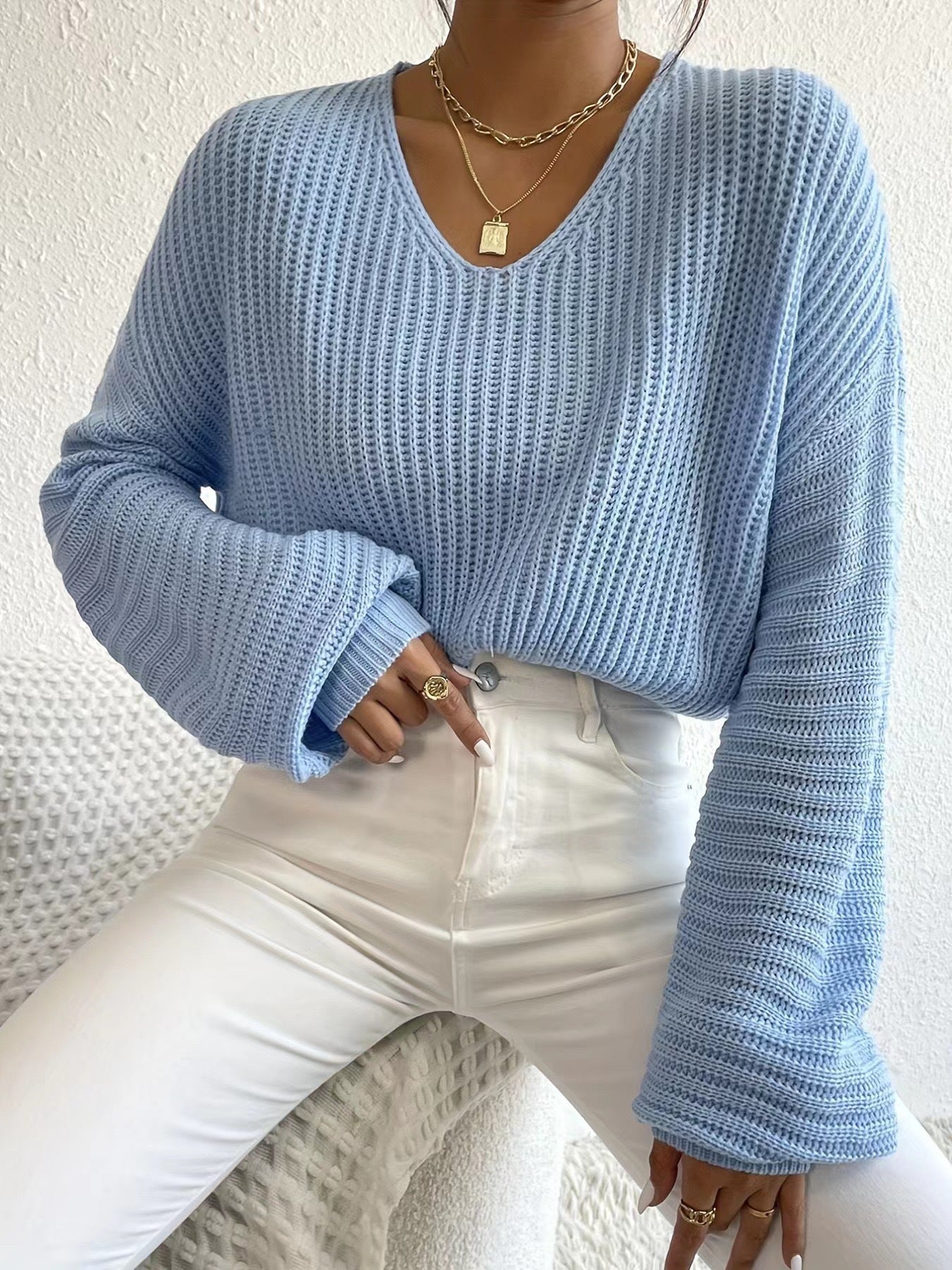 Damen Strickpullover Luftig V-Ausschnitt Länge Lang Ärmel Norvielle