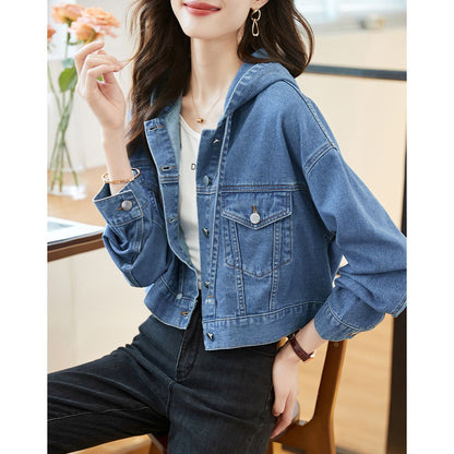 Damen Kurzjeansjacke mit Kapuze und Taschen