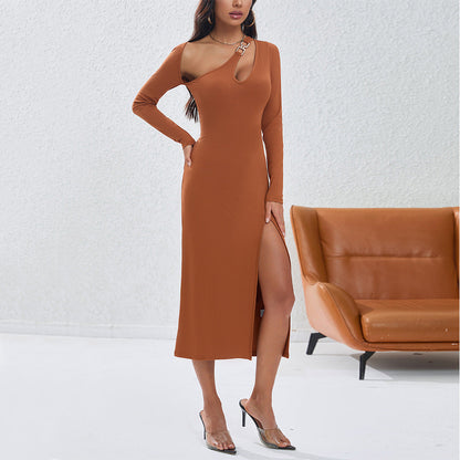Damen Langarmkleid Figurbetont Asymmetrischer Ausschnitt