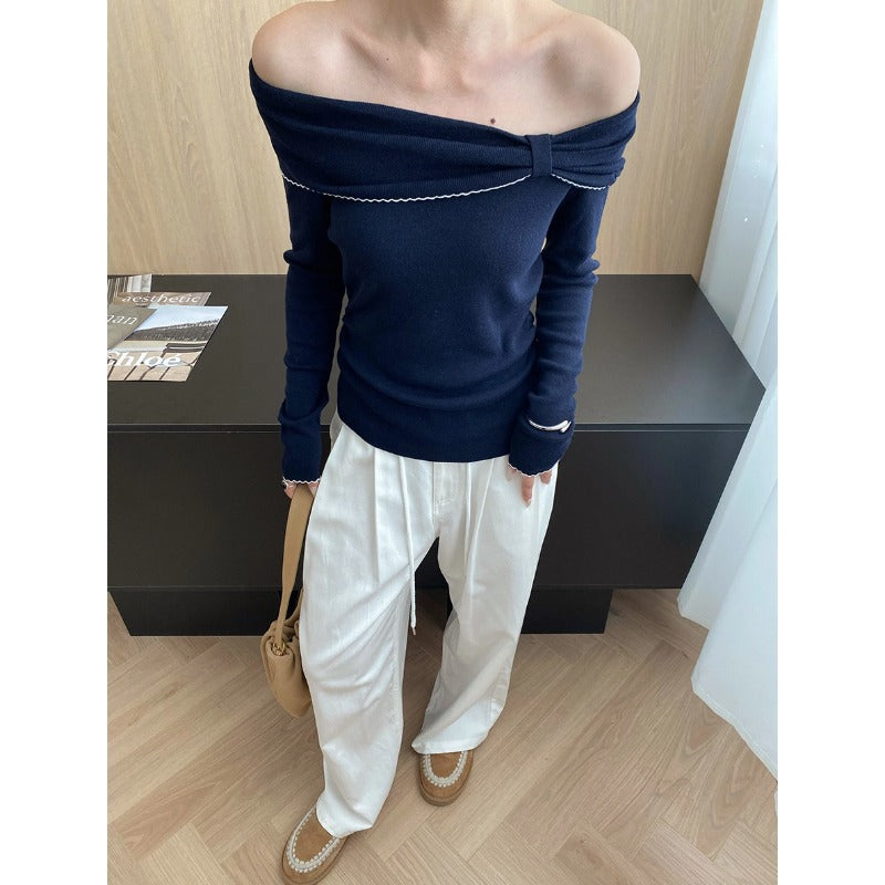 Damen Off-Shoulder Pullover Raffung Länge Langärmelig Norvielle