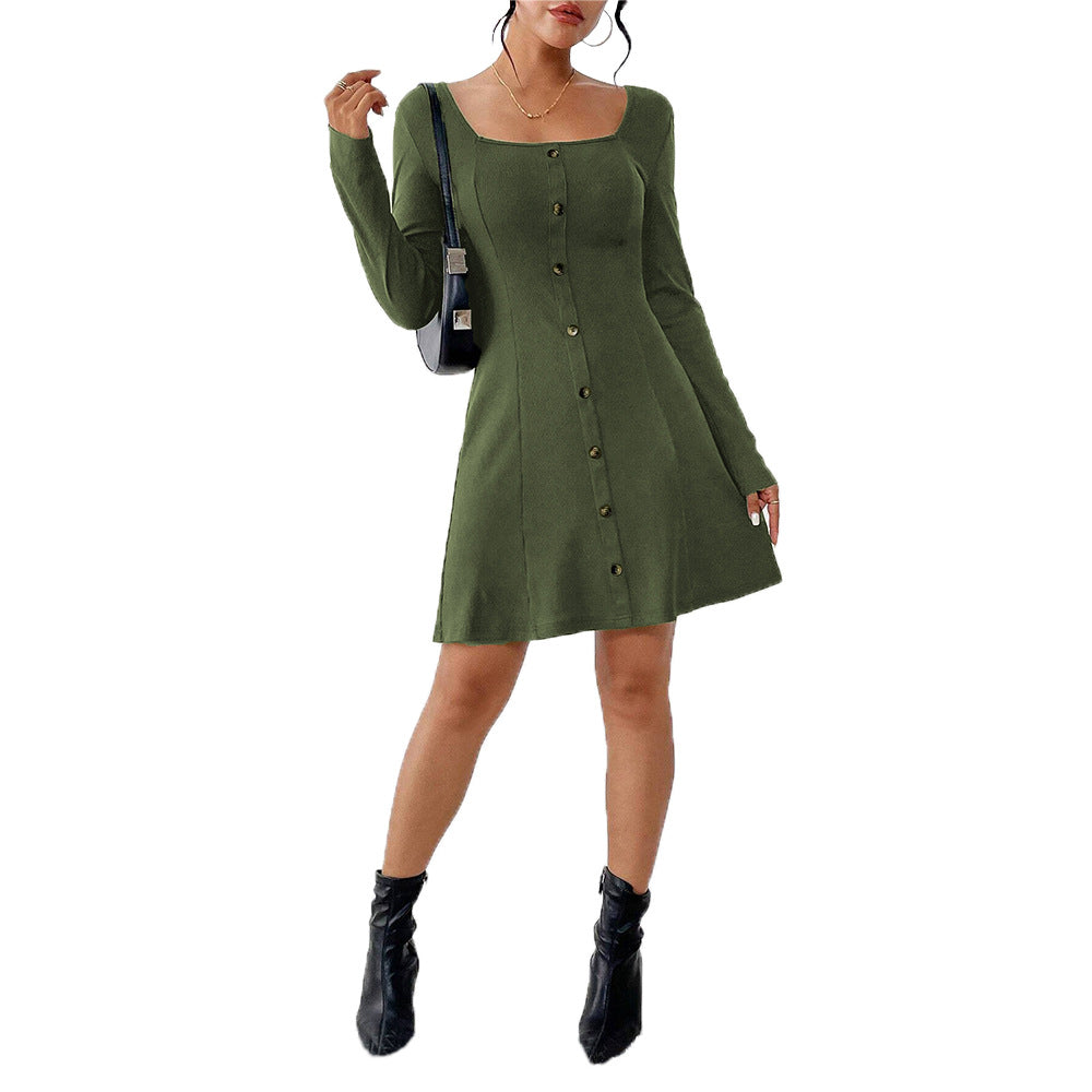 Damen Knopfleiste Kleid Langarm Quadratausschnitt