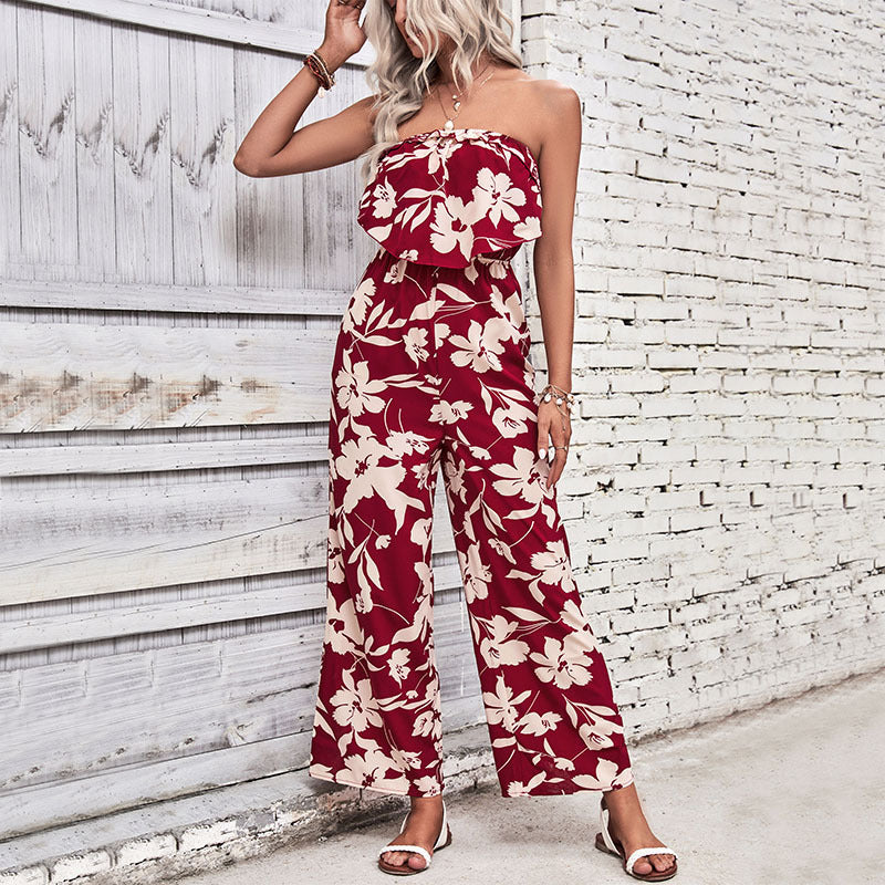 Damen Jumpsuit Florales Rüschenoberteil Weites Bein