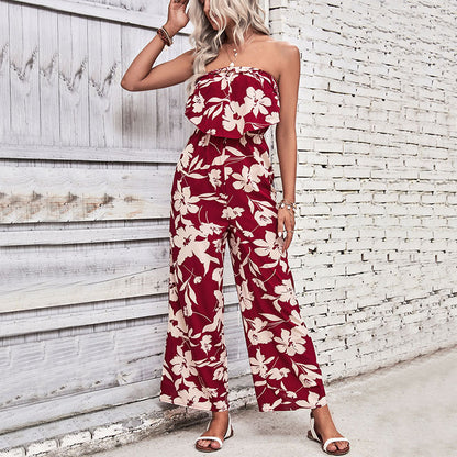 Damen Jumpsuit Florales Rüschenoberteil Weites Bein