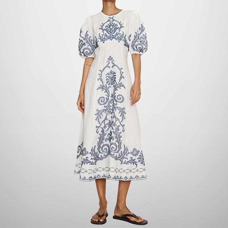 Damen Midikleid Voluminöse Ärmel Stickmuster Norvielle