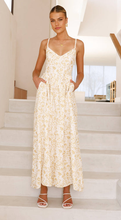 Damen Maxikleid feines Floralmuster Spaghettiträger Norvielle
