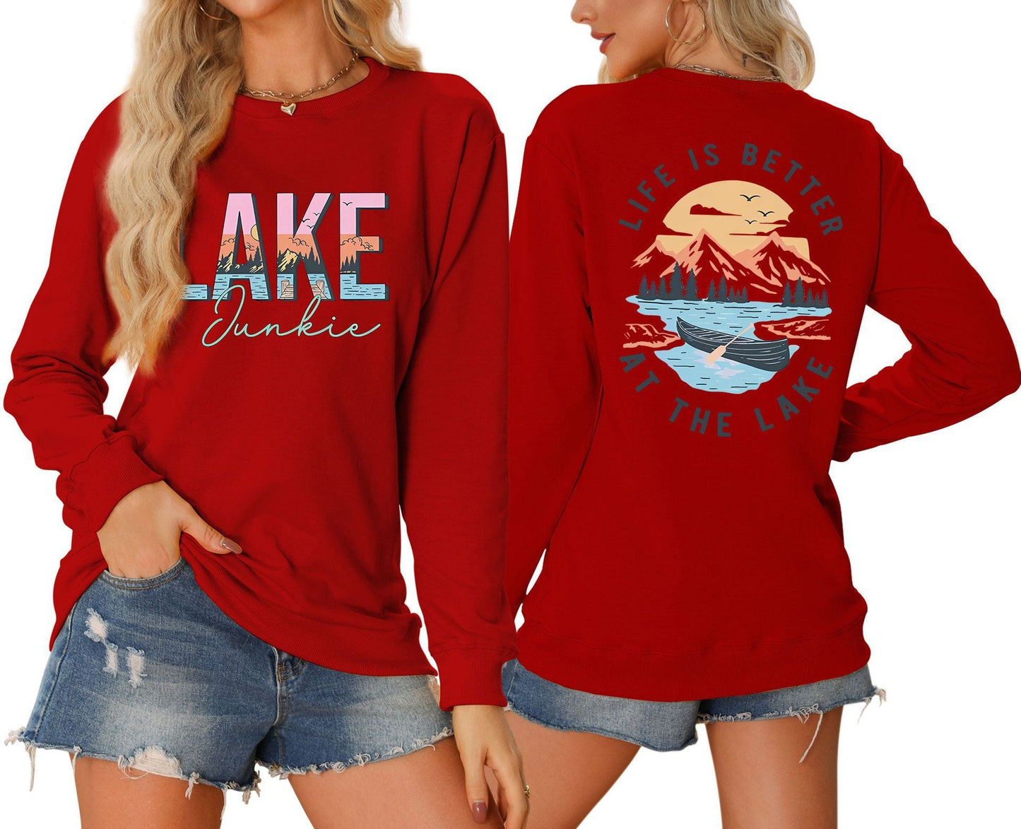 Damen Langarmshirt Lake-Motiv Leicht Lässig Weiß