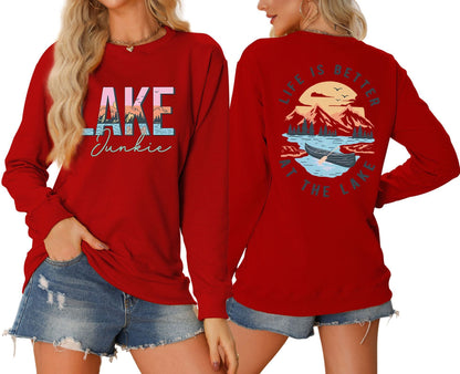 Damen Langarmshirt Lake-Motiv Leicht Lässig Weiß