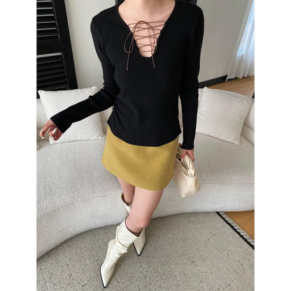 Damen Langarmshirt Schnürdesign Baumwolle Weiß