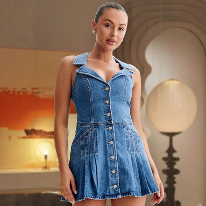 Damen Denim-Kleid Tailliert Knöpfe