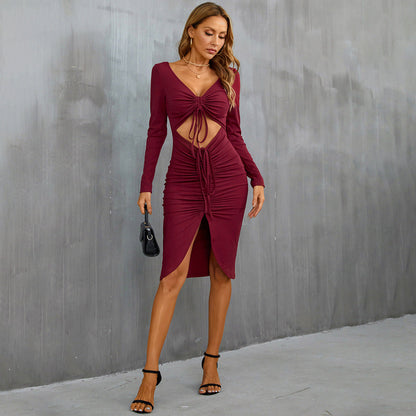 Damen Midi-Kleid Figurbetont Raffungen Cut-Out Norvielle