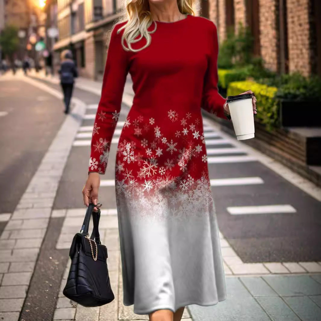 Weihnachtskleid Einfacher Stil Druck Damen Kleid Rot