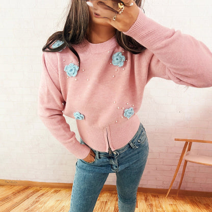Damen Strickpullover mit Blumenapplikationen und Perlen Norvielle - Norvielle