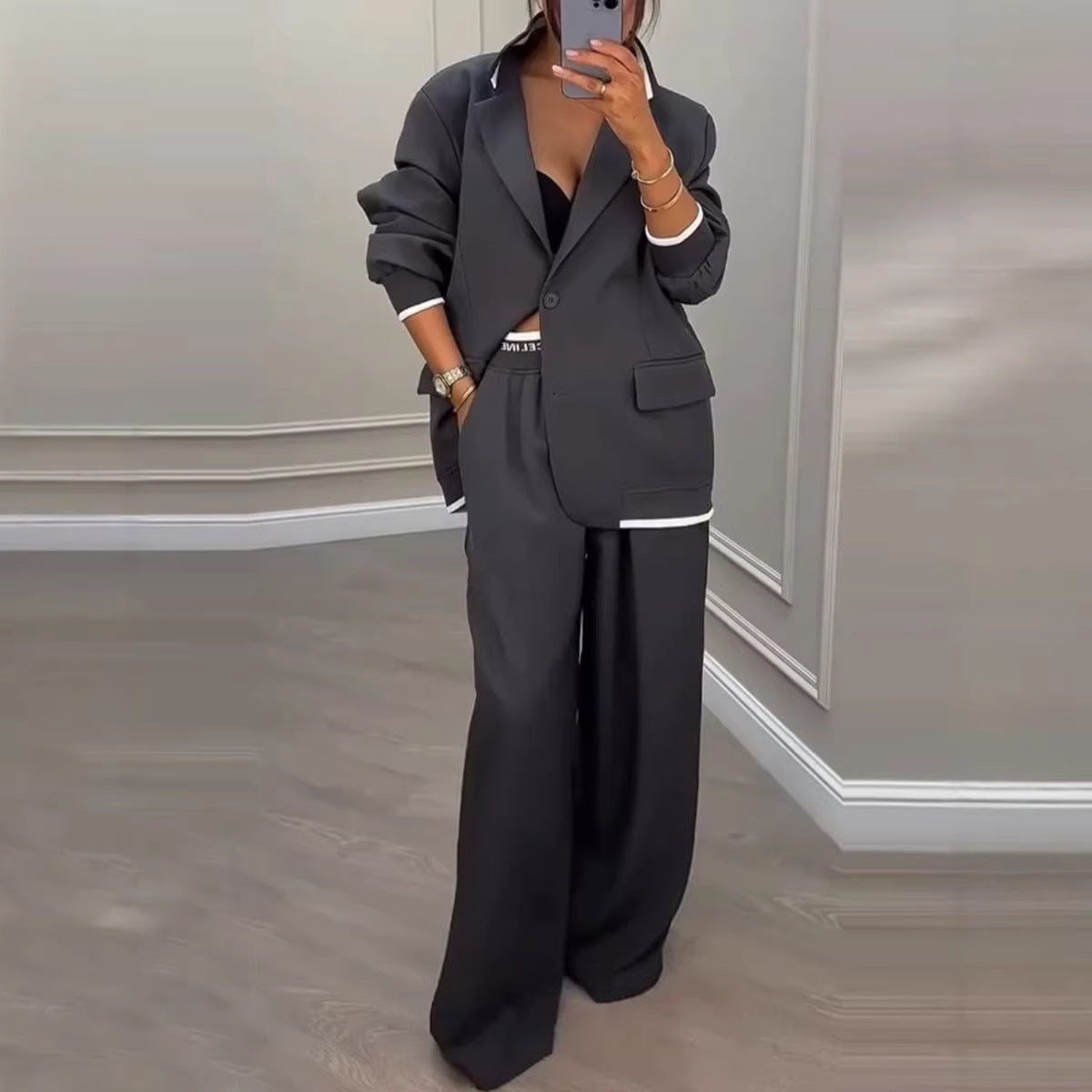 Damen Oversized Blazer-Set mit Anzughose Elegant Schwarz - Norvielle