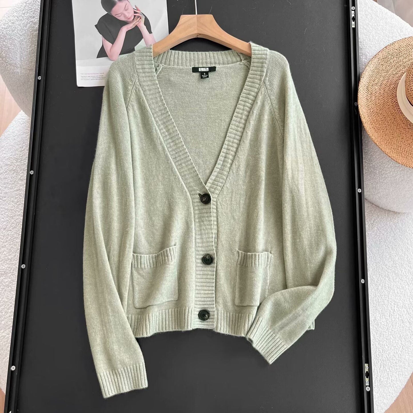 Damen Strickjacke Elegantes Design mit Taschen Beige