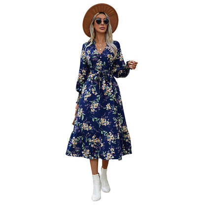 Damen Wickelkleid Midi florale Muster Voluminöse Ärmel