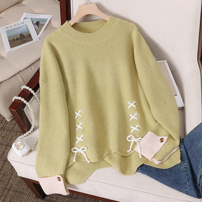 Damen Grobstrickpullover Schnürdetails Beige