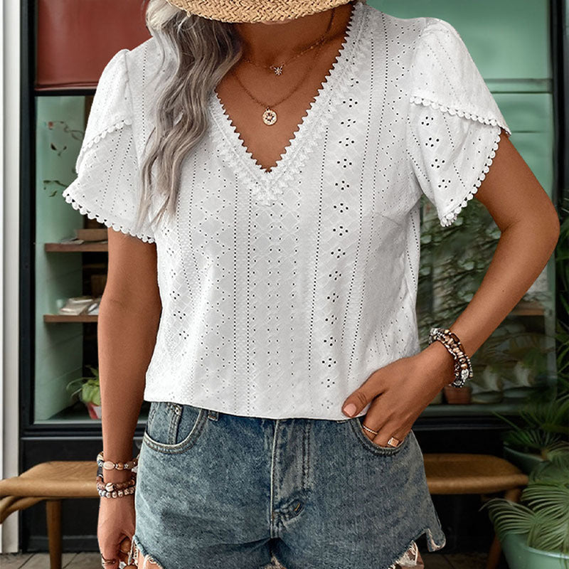 Damen Blusenshirt Luftiges Lochmuster Weiß