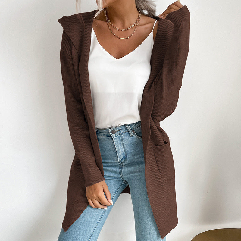 Damen Strickcardigan Offene Front Hochkragen Beige