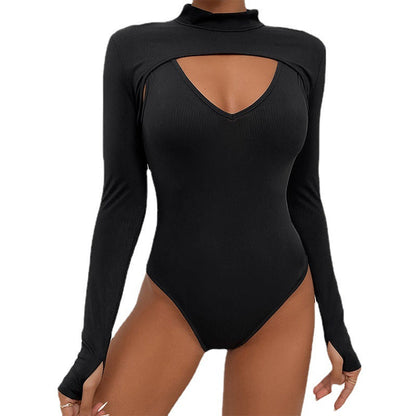 Damen Langarmbody Cut-Out Design Hochgeschlossen