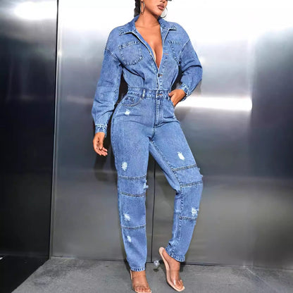 Damen Jeansoverall Tailliert Destroyed Blau - Norvielle