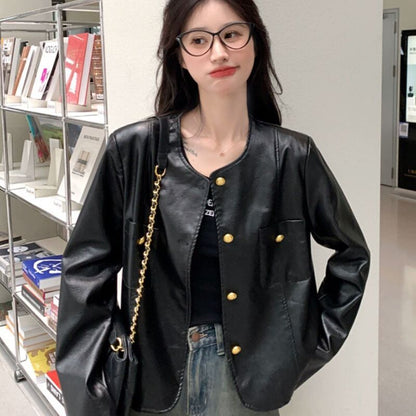 Damen Kunstlederjacke Goldene Knöpfe
