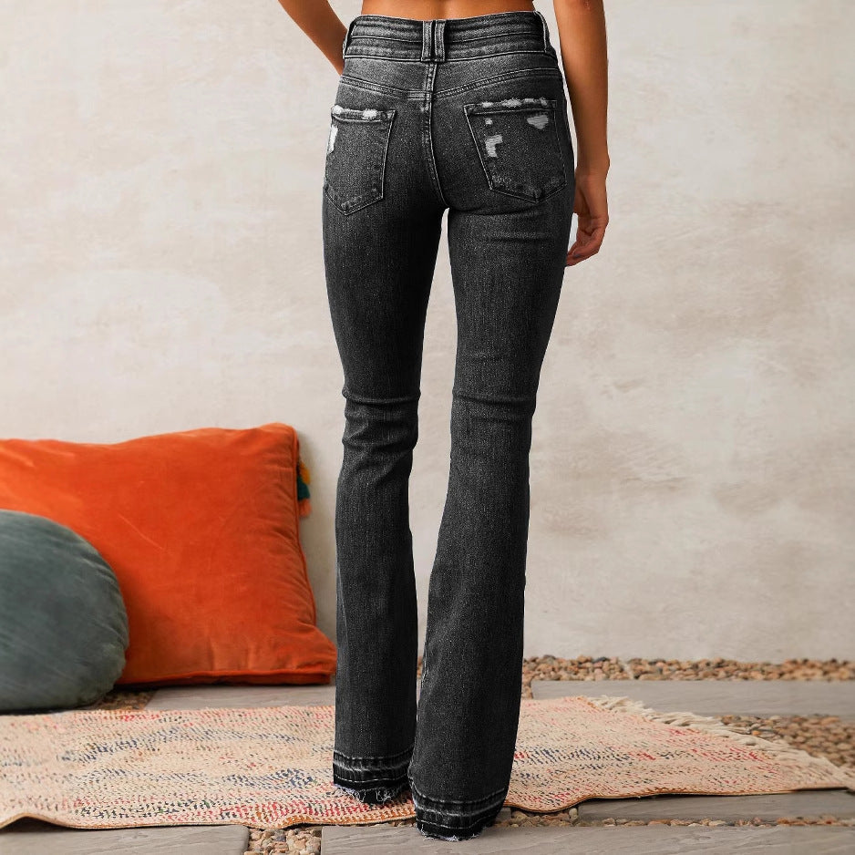 Damen High-Waist Bootcut Jeans Distressed Dunkelblau
