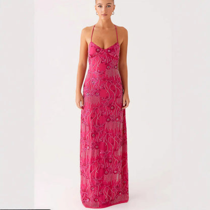 Damen Maxikleid V-Ausschnitt Funkelnde Applikationen