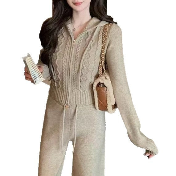 Damen Strickjacke Zopfmuster Mit Reißverschluss Beige