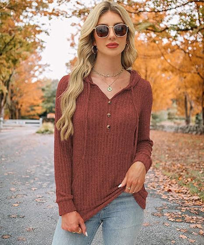 Damen Kapuzenpullover Kuschelfleece Knöpfe Seitentaschen Norvielle