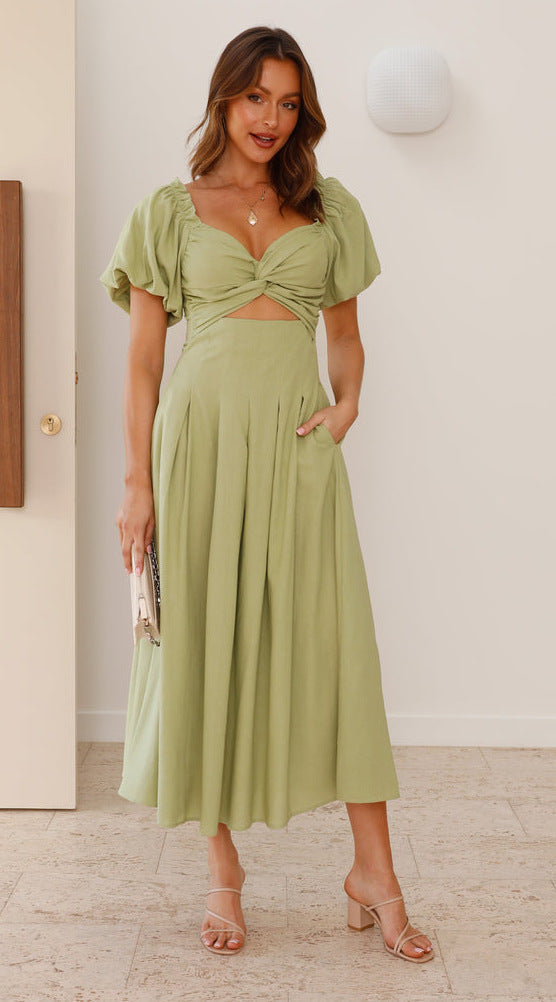 Damen Midikleid Puffärmel Knotendetail Norvielle