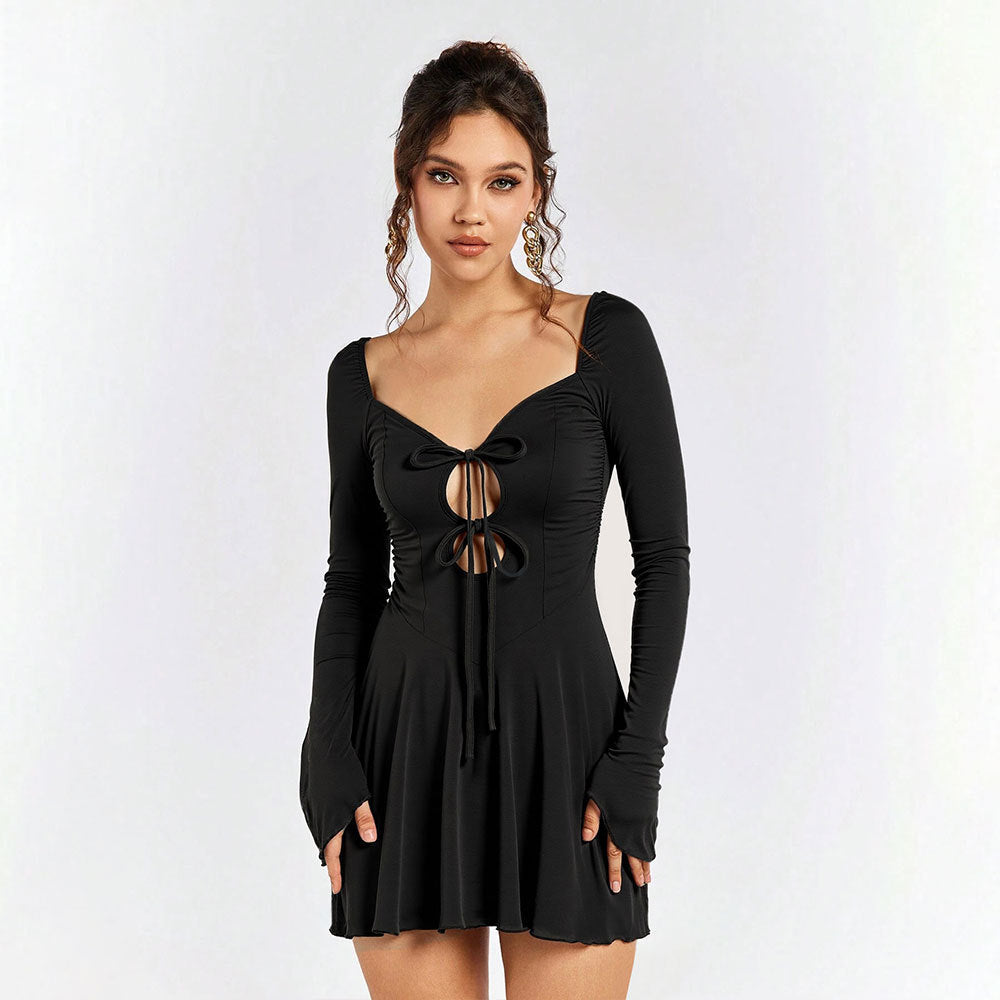 Damen Minikleid Elegante Schnürung V-Ausschnitt Norvielle