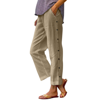 Damen Leinenhose Bequem Mit Knöpfen