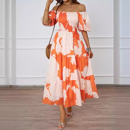 Damen Off-Shoulder Maxikleid Voluminöse Ärmel Print Norvielle