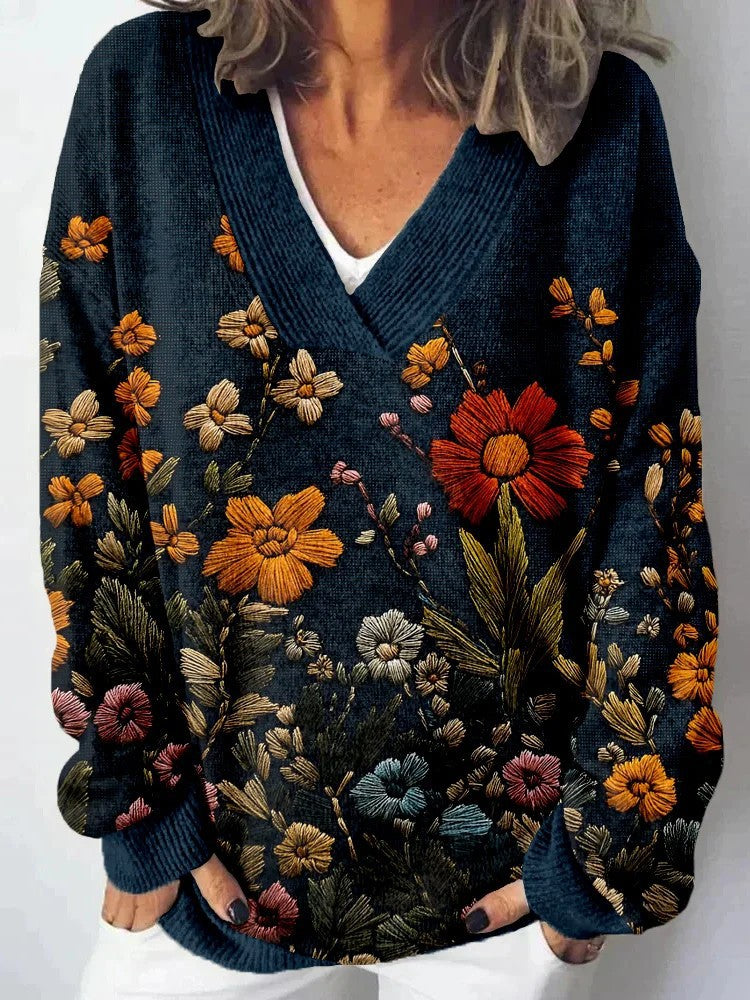 Damen Pullover V-Ausschnitt Floralmuster Lässig Norvielle