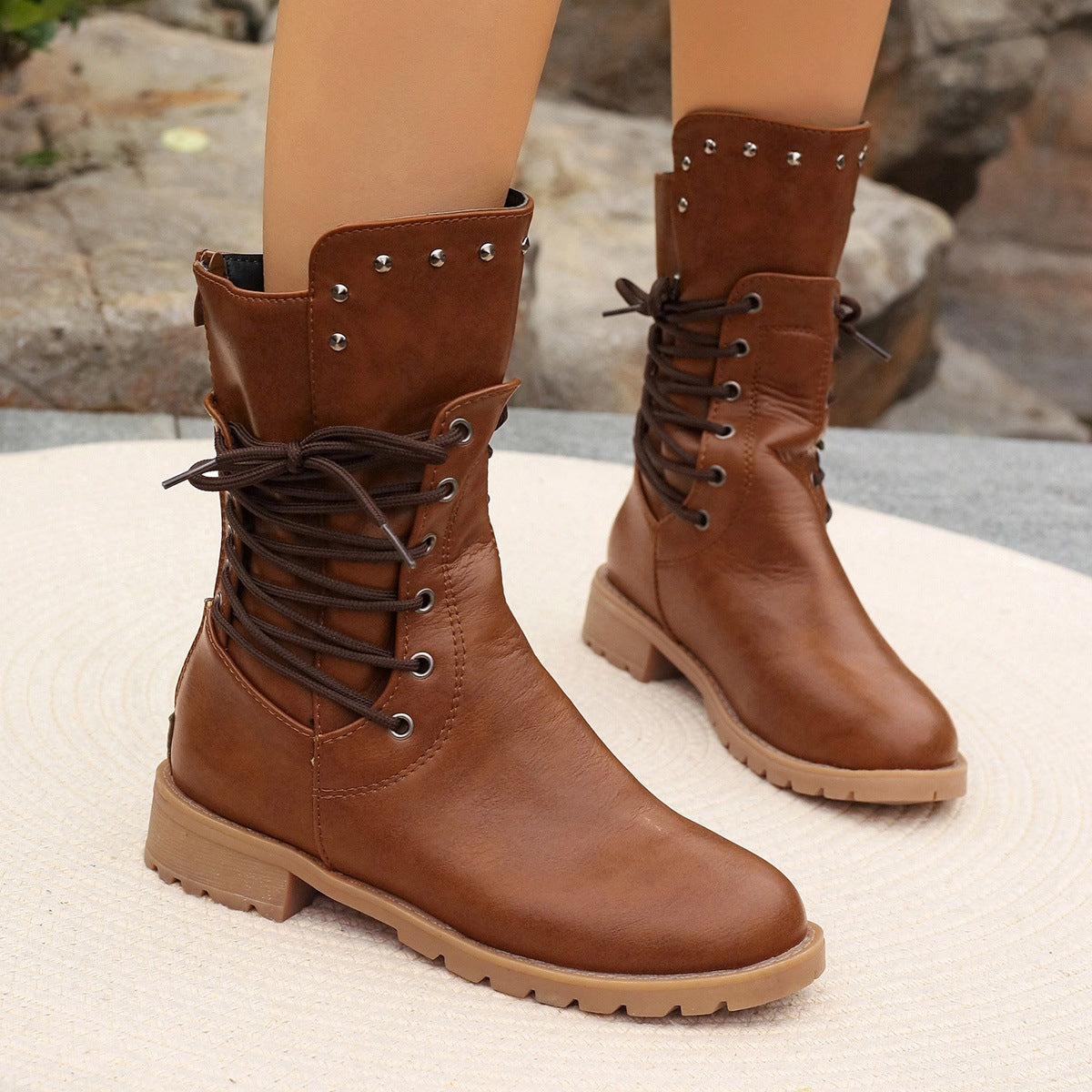 Damen Stiefel Mittellang Kunstleder Schnürung Blockabsatz Schwarz - Norvielle