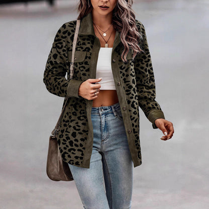 Damen Kordjacke Leo-Print mit Brusttaschen Norvielle