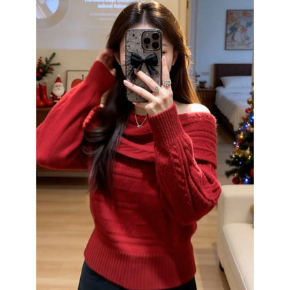 Damen Strickpullover Off-Shoulder Rippstruktur Norvielle